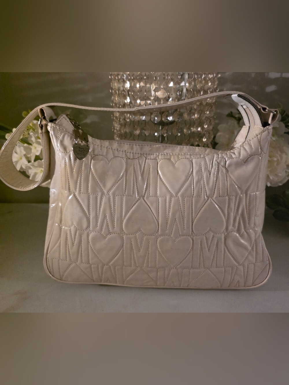 Moschino Cream Patent Quilted Heart Shoulder Bag Y2K Style